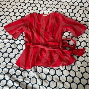 Loft Cotton Wrap Flutter Sleeve Cotton Blouse, Striped, size Medium